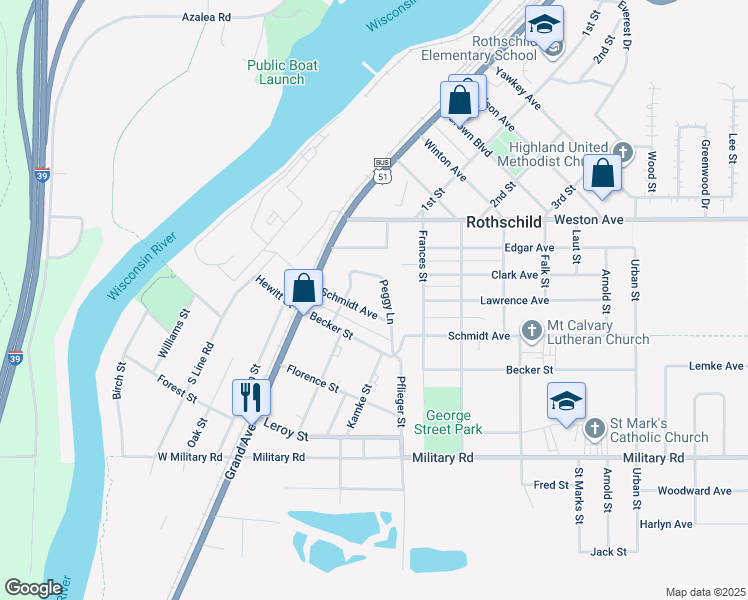 map of restaurants, bars, coffee shops, grocery stores, and more near 303 Peggy Lane in Rothschild