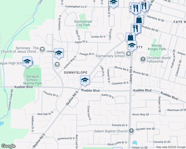 map of restaurants, bars, coffee shops, grocery stores, and more near 1592 Skyline Way South in Salem