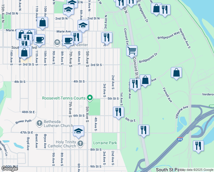 map of restaurants, bars, coffee shops, grocery stores, and more near 424 3rd Avenue South in South Saint Paul