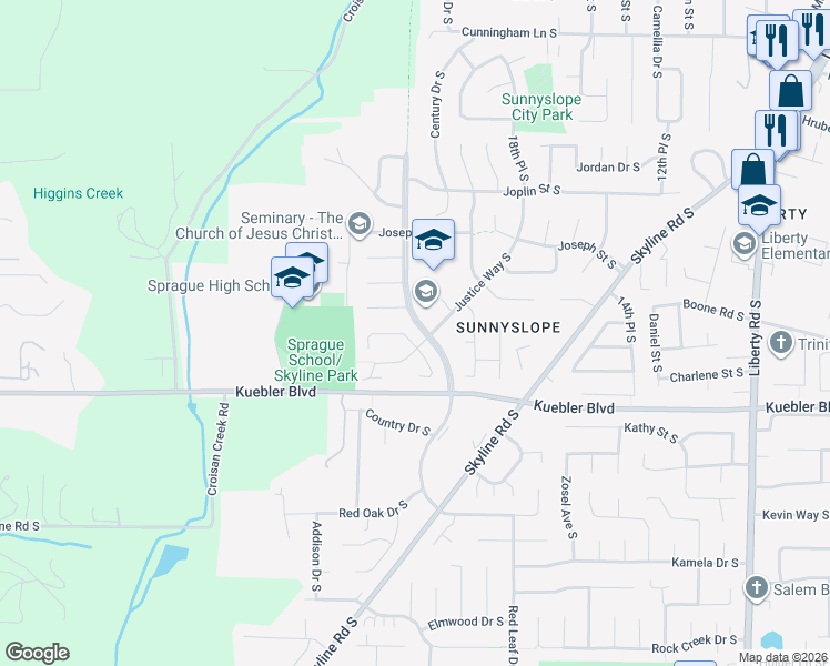 map of restaurants, bars, coffee shops, grocery stores, and more near 4880 Towhee Court South in Salem