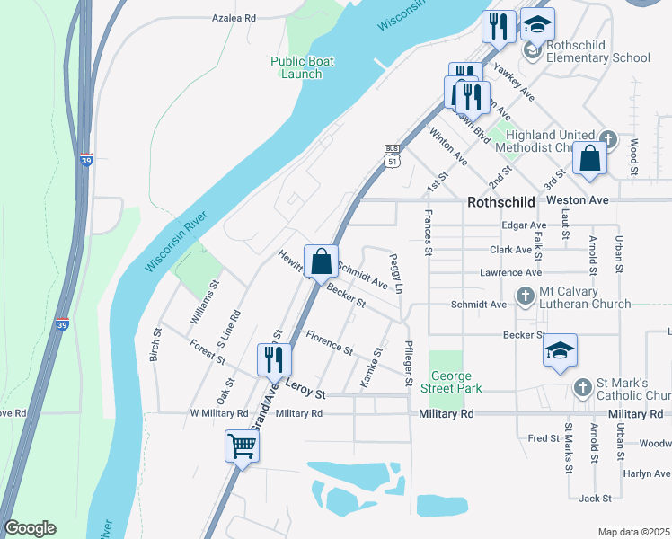 map of restaurants, bars, coffee shops, grocery stores, and more near 407 Grand Avenue in Rothschild