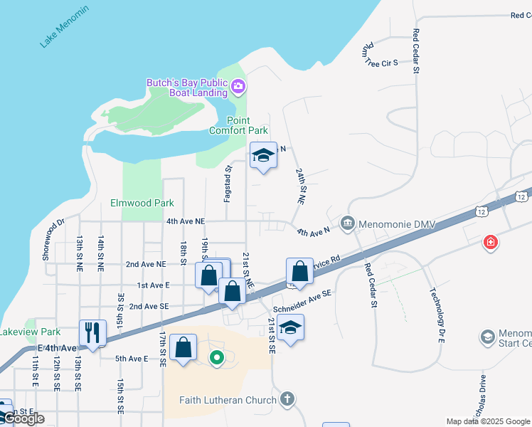 map of restaurants, bars, coffee shops, grocery stores, and more near 2110 4th Avenue Northeast in Menomonie
