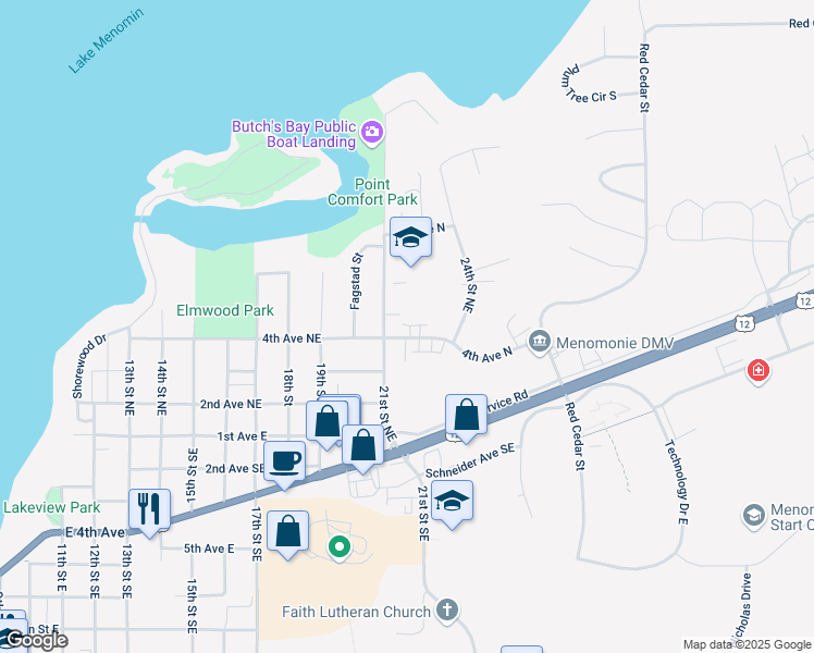 map of restaurants, bars, coffee shops, grocery stores, and more near 2110 4th Avenue Northeast in Menomonie
