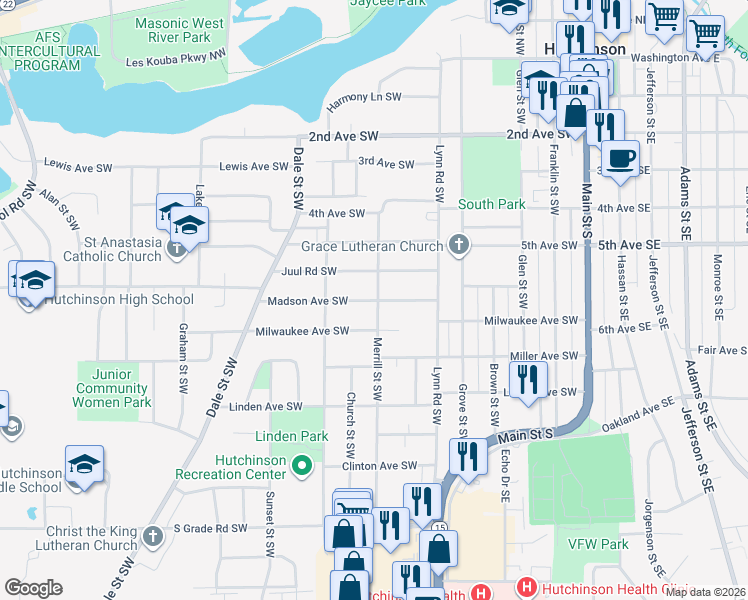 map of restaurants, bars, coffee shops, grocery stores, and more near 576 Merrill Street Southwest in Hutchinson