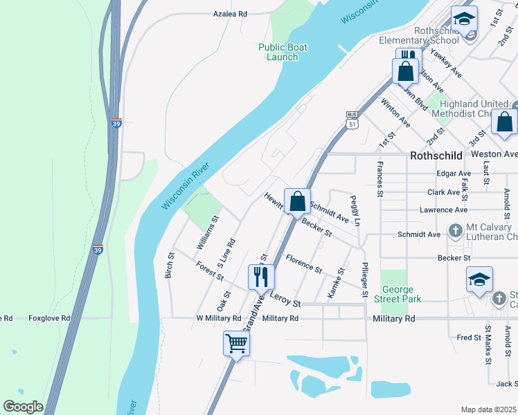 map of restaurants, bars, coffee shops, grocery stores, and more near 401 South Line Road in Rothschild
