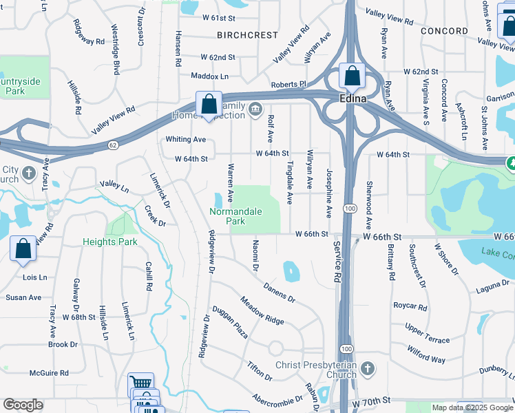 map of restaurants, bars, coffee shops, grocery stores, and more near 6501 Warren Avenue in Edina