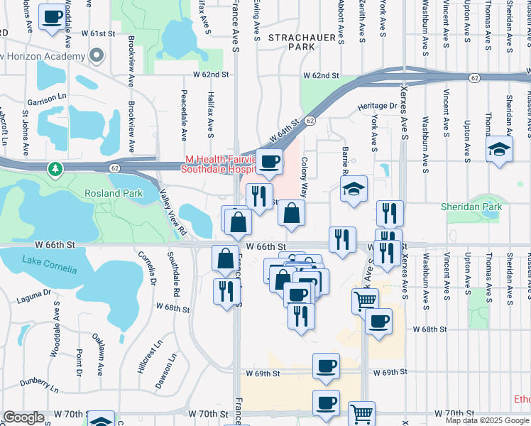 map of restaurants, bars, coffee shops, grocery stores, and more near 6545 France Avenue South in Edina