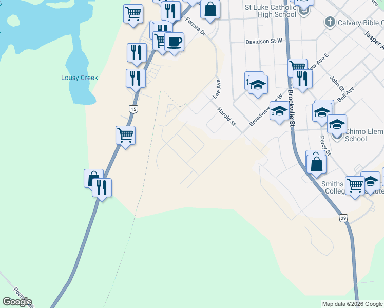 map of restaurants, bars, coffee shops, grocery stores, and more near 75 Whitcomb Crescent in Smiths Falls