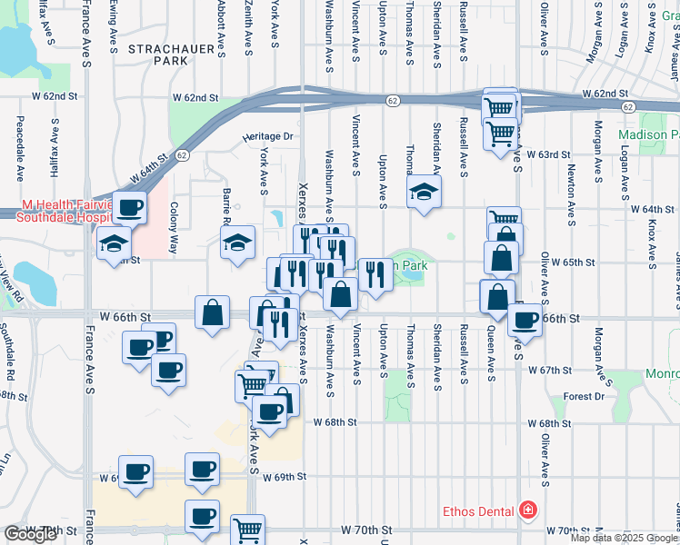 map of restaurants, bars, coffee shops, grocery stores, and more near 6500-6598 Vincent Ave S in Richfield
