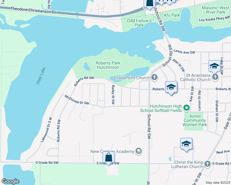 map of restaurants, bars, coffee shops, grocery stores, and more near 550 Barley Street Southwest in Hutchinson