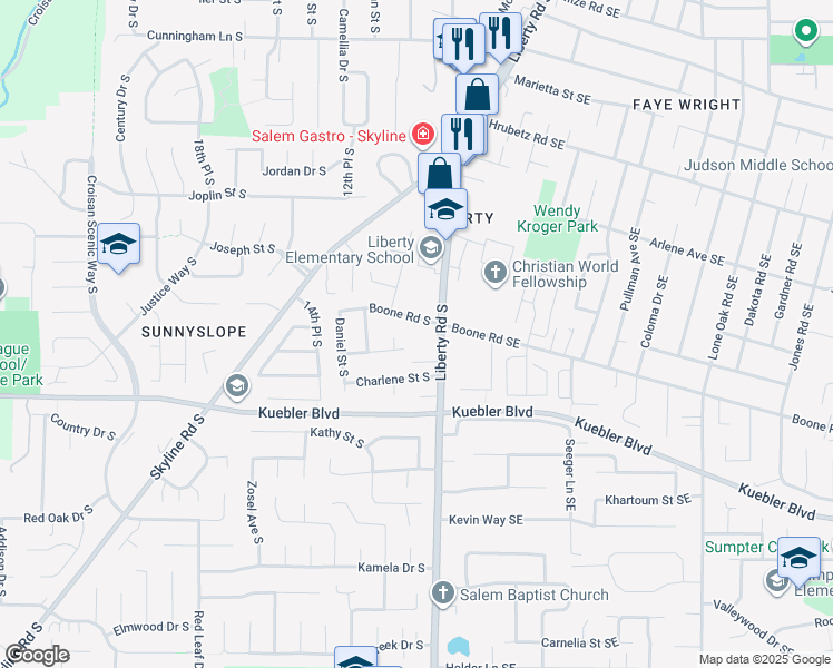 map of restaurants, bars, coffee shops, grocery stores, and more near 5021 Liberty Road South in Salem