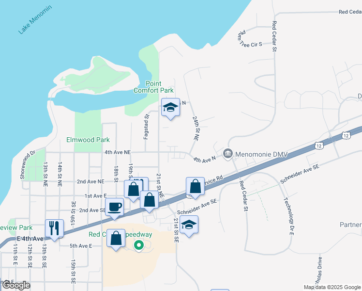 map of restaurants, bars, coffee shops, grocery stores, and more near 2212 4th Avenue Northeast in Menomonie