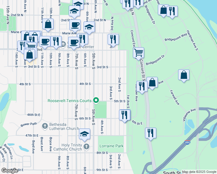 map of restaurants, bars, coffee shops, grocery stores, and more near 424 3rd Avenue South in South Saint Paul
