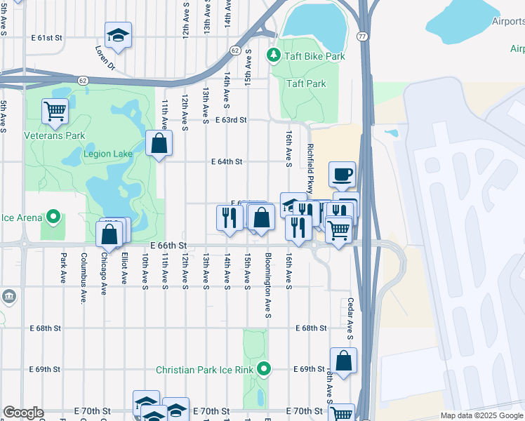 map of restaurants, bars, coffee shops, grocery stores, and more near 6526 Bloomington Avenue South in Minneapolis