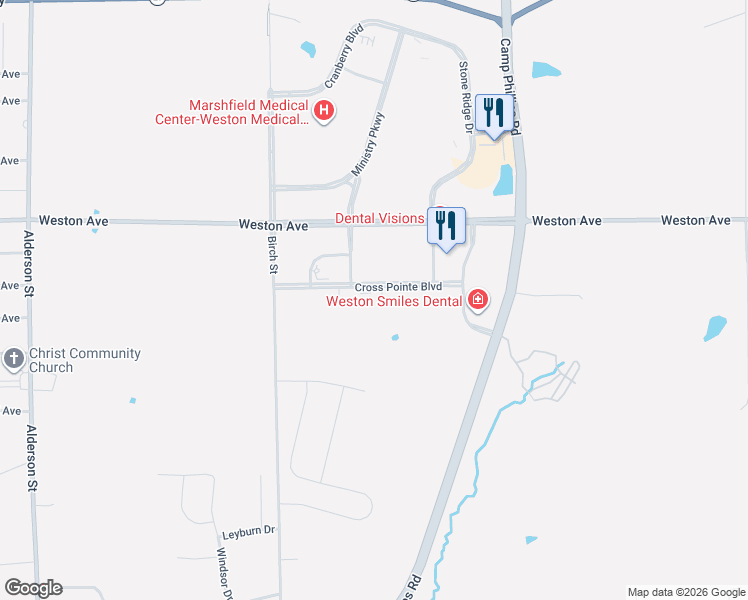 map of restaurants, bars, coffee shops, grocery stores, and more near 3605 Cross Pointe Boulevard in Schofield