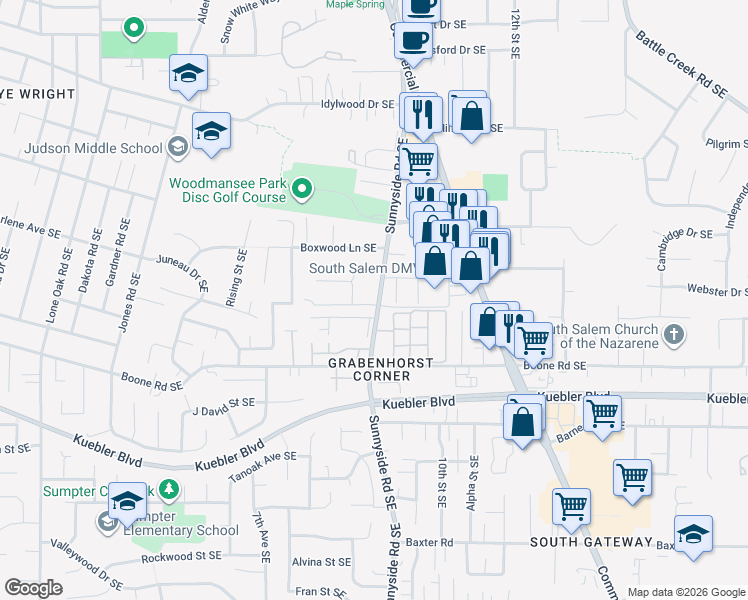map of restaurants, bars, coffee shops, grocery stores, and more near 4865 Sunnyside Road Southeast in Salem