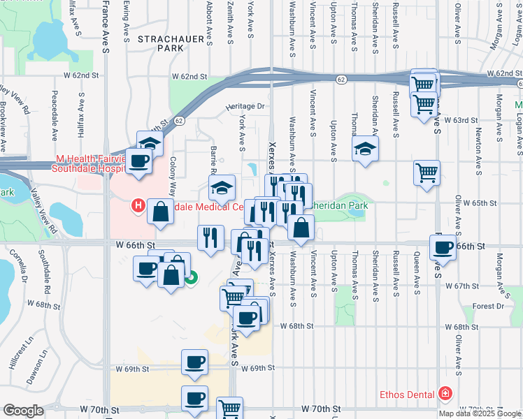 map of restaurants, bars, coffee shops, grocery stores, and more near 6559 County Road 31 in Edina