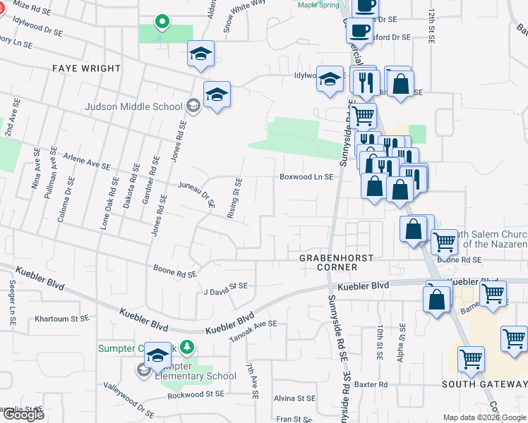 map of restaurants, bars, coffee shops, grocery stores, and more near 773 Boone Road Southeast in Salem