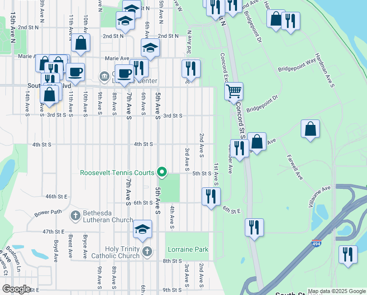 map of restaurants, bars, coffee shops, grocery stores, and more near 404 3rd Avenue South in South Saint Paul