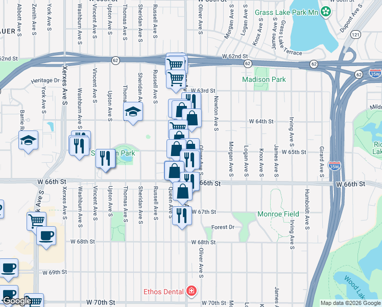 map of restaurants, bars, coffee shops, grocery stores, and more near 6501 Penn Avenue South in Richfield