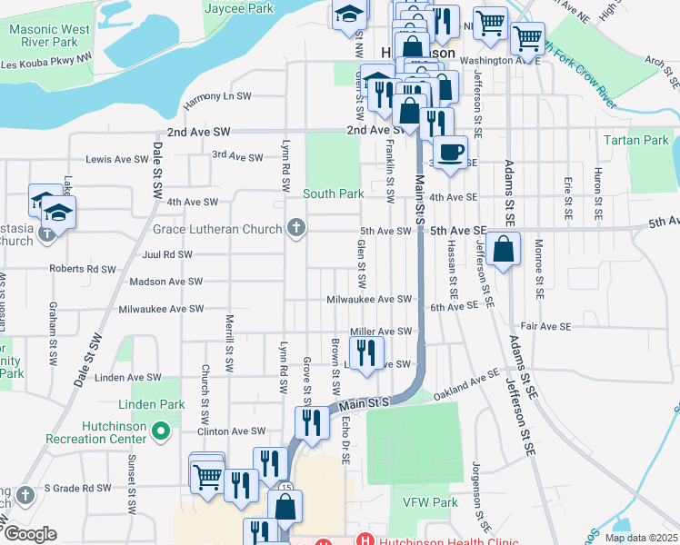 map of restaurants, bars, coffee shops, grocery stores, and more near 541 Brown Street Southwest in Hutchinson