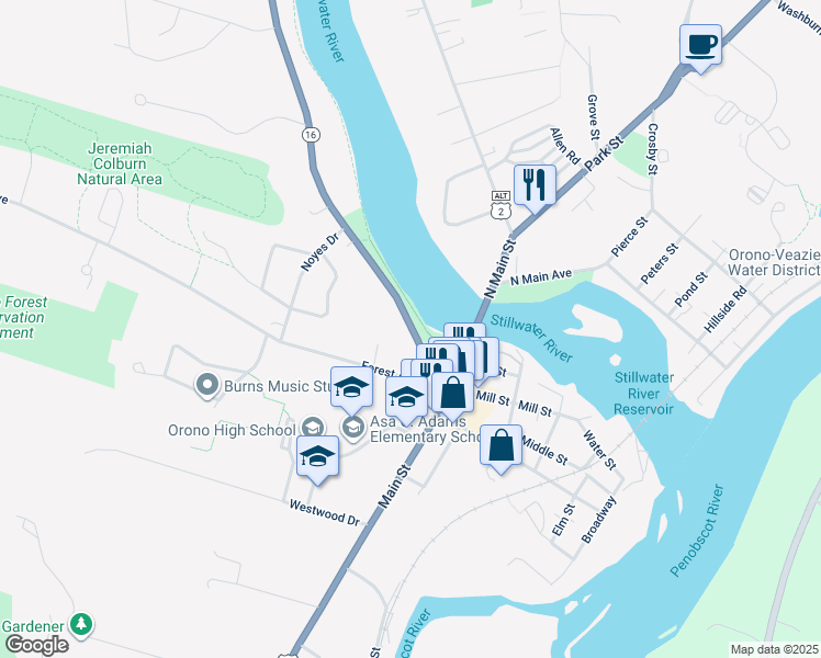 map of restaurants, bars, coffee shops, grocery stores, and more near 25 Bennoch Road in Orono