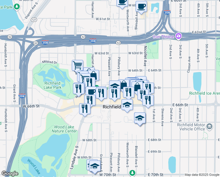 map of restaurants, bars, coffee shops, grocery stores, and more near 300 West 66th Street in Richfield