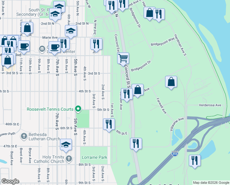 map of restaurants, bars, coffee shops, grocery stores, and more near 429 1st Avenue South in South Saint Paul