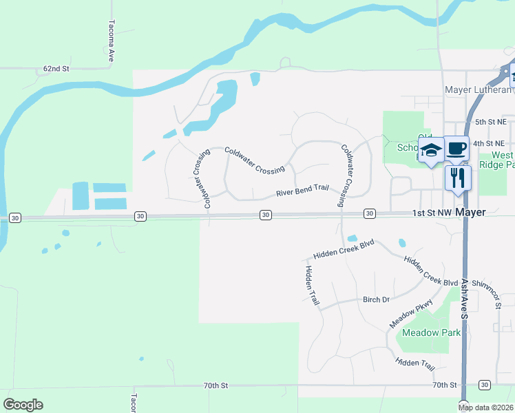 map of restaurants, bars, coffee shops, grocery stores, and more near 2484 River Bend Trail in Mayer