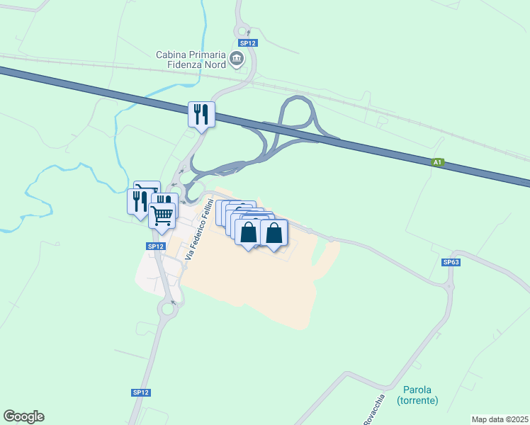 map of restaurants, bars, coffee shops, grocery stores, and more near Via Federico Fellini in Provincia di Parma