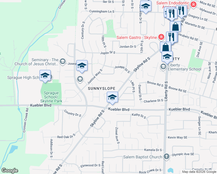 map of restaurants, bars, coffee shops, grocery stores, and more near 4873 Skyline Road South in Salem