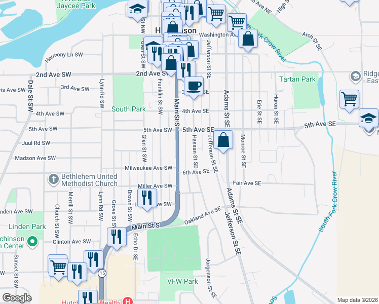 map of restaurants, bars, coffee shops, grocery stores, and more near 586 Hassan Street Southeast in Hutchinson