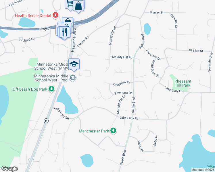 map of restaurants, bars, coffee shops, grocery stores, and more near 2150 Crestview Drive in Excelsior