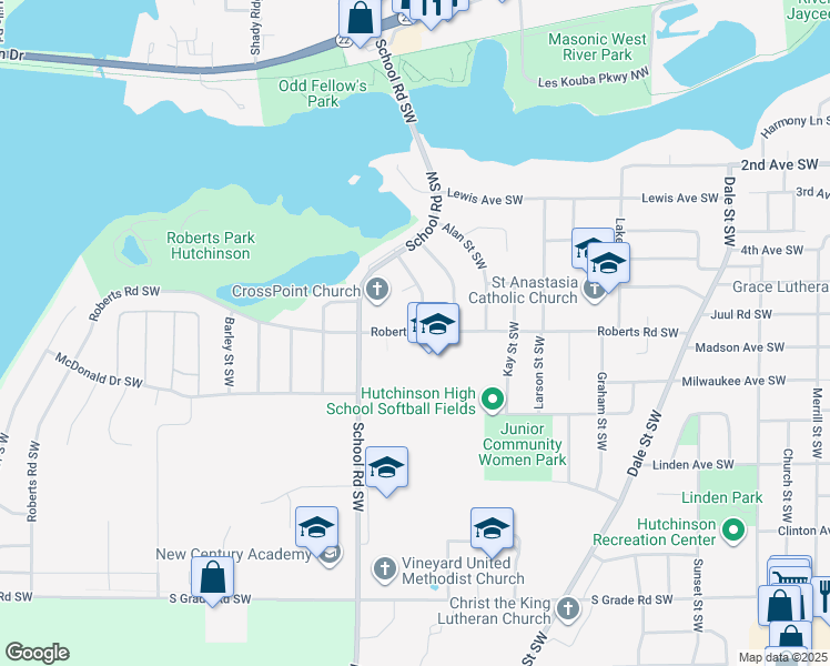 map of restaurants, bars, coffee shops, grocery stores, and more near 1200 Roberts Road Southwest in Hutchinson