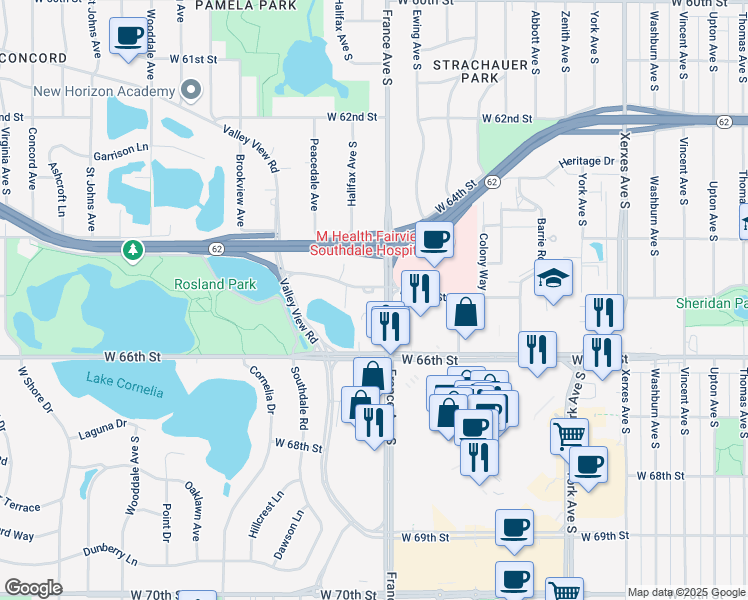 map of restaurants, bars, coffee shops, grocery stores, and more near 6400 County Road 17 in Edina