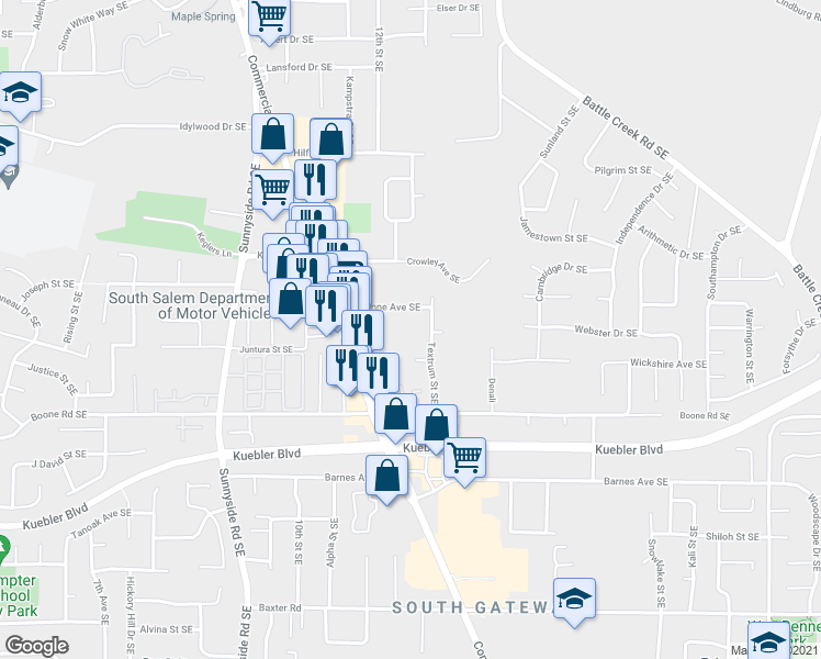 map of restaurants, bars, coffee shops, grocery stores, and more near 1280-1288 Royvonne Avenue Southeast in Salem