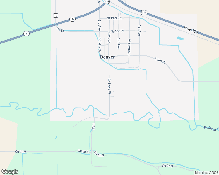 map of restaurants, bars, coffee shops, grocery stores, and more near County Road 1 in Deaver