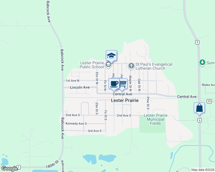 map of restaurants, bars, coffee shops, grocery stores, and more near 300 1st Avenue North in Lester Prairie