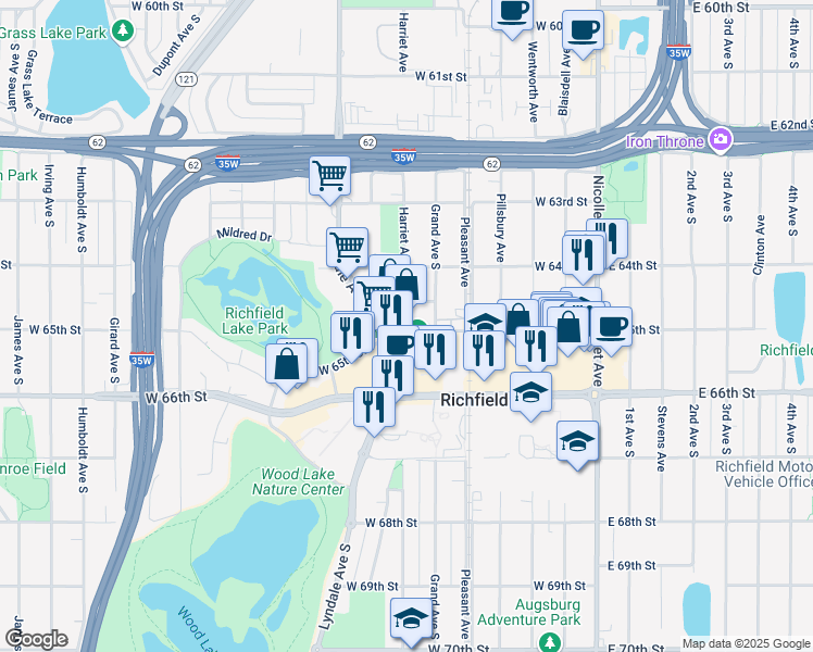 map of restaurants, bars, coffee shops, grocery stores, and more near 409 West 64 1/2 Street in Minneapolis