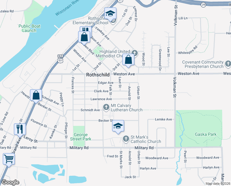 map of restaurants, bars, coffee shops, grocery stores, and more near 606 Clark Avenue in Rothschild