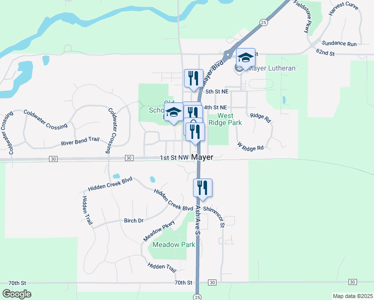 map of restaurants, bars, coffee shops, grocery stores, and more near 205 2nd Street Northwest in Mayer