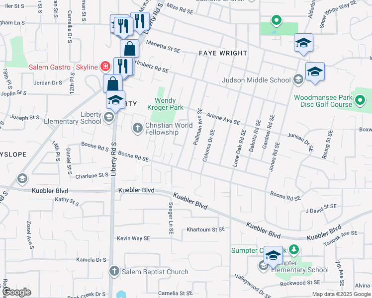 map of restaurants, bars, coffee shops, grocery stores, and more near 4894 Newtown Avenue Southeast in Salem