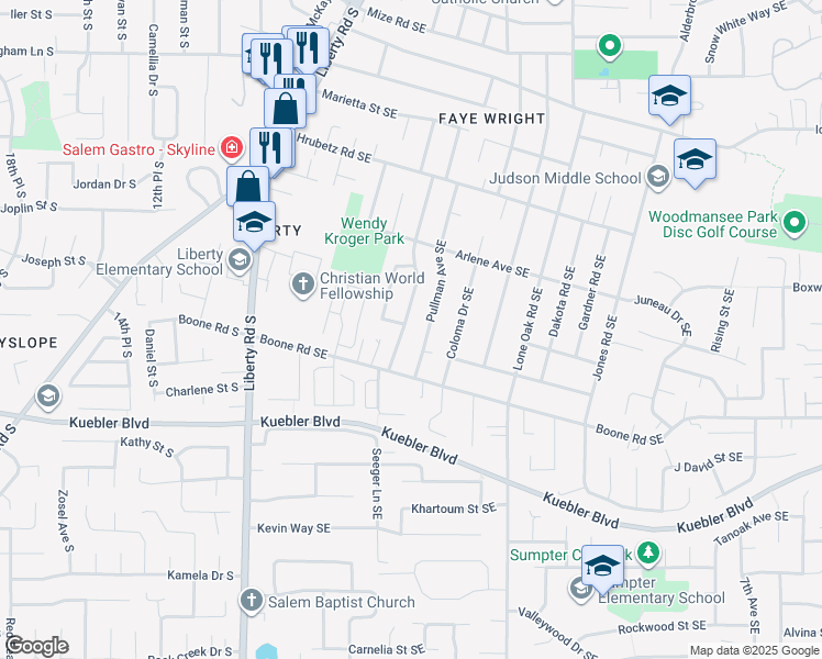 map of restaurants, bars, coffee shops, grocery stores, and more near 4894 Newtown Avenue Southeast in Salem