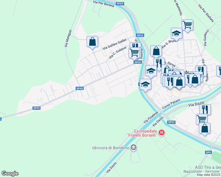 map of restaurants, bars, coffee shops, grocery stores, and more near 67 Via V. Alfieri in Bondeno