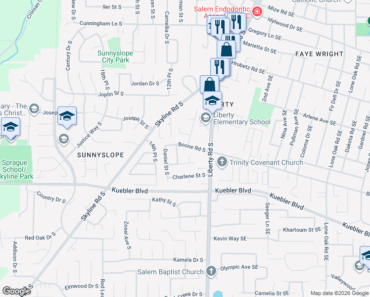 map of restaurants, bars, coffee shops, grocery stores, and more near 1220 Boone Road South in Salem