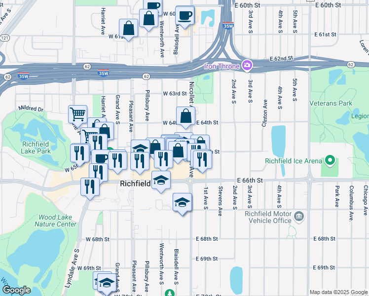 map of restaurants, bars, coffee shops, grocery stores, and more near 6429 Blaisdell Avenue in Minneapolis