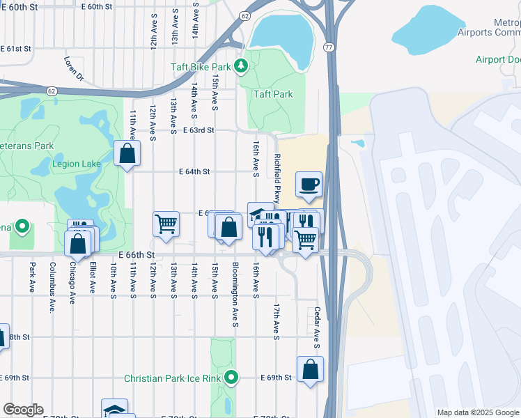 map of restaurants, bars, coffee shops, grocery stores, and more near 6428 16th Avenue South in Minneapolis