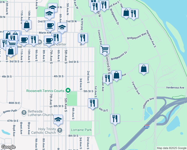 map of restaurants, bars, coffee shops, grocery stores, and more near 448 4th Avenue South in South Saint Paul