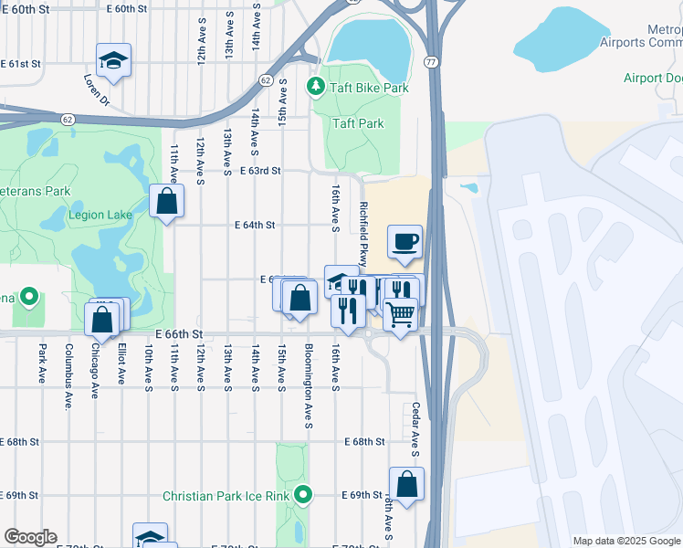 map of restaurants, bars, coffee shops, grocery stores, and more near 6428 16th Avenue South in Minneapolis