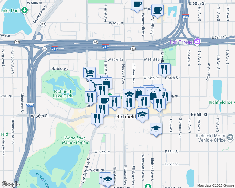 map of restaurants, bars, coffee shops, grocery stores, and more near 6426 Pleasant Avenue in Minneapolis